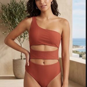 Cupshe one shoulder cut out one piece swimsuit size Large L terracotta earthy